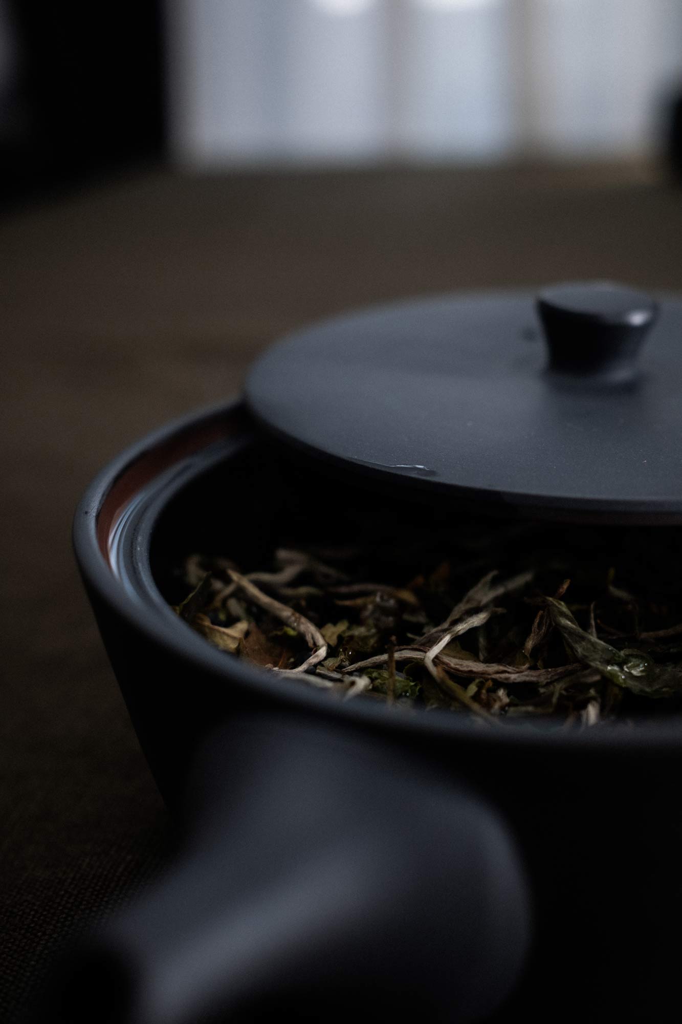 Nahe Ansicht einer Kyusu-Kanne von oben, mit halb geöffnetem Deckel, in dem Wasser und Teeblätter sichtbar sind.